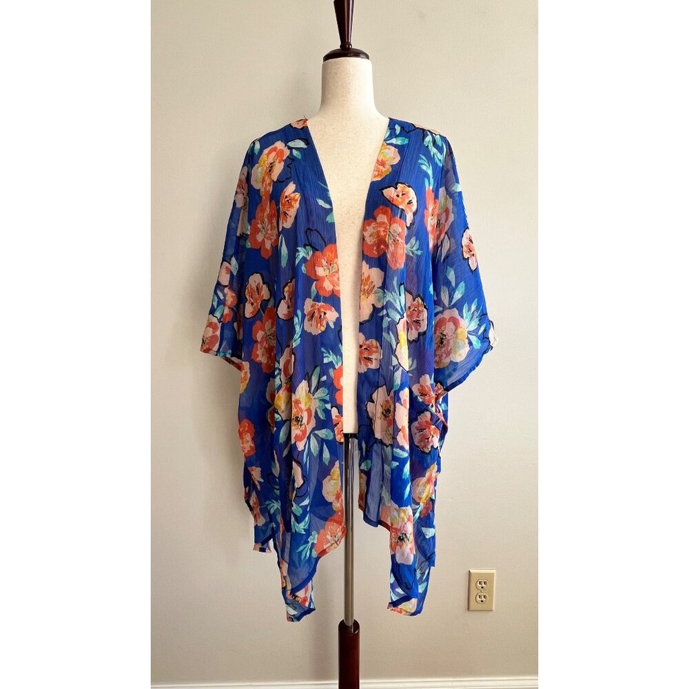 Arizona Jean Co Duster/ Cover Up Womens XL-XXL Cobalt Blue Floral Sheer Pockets